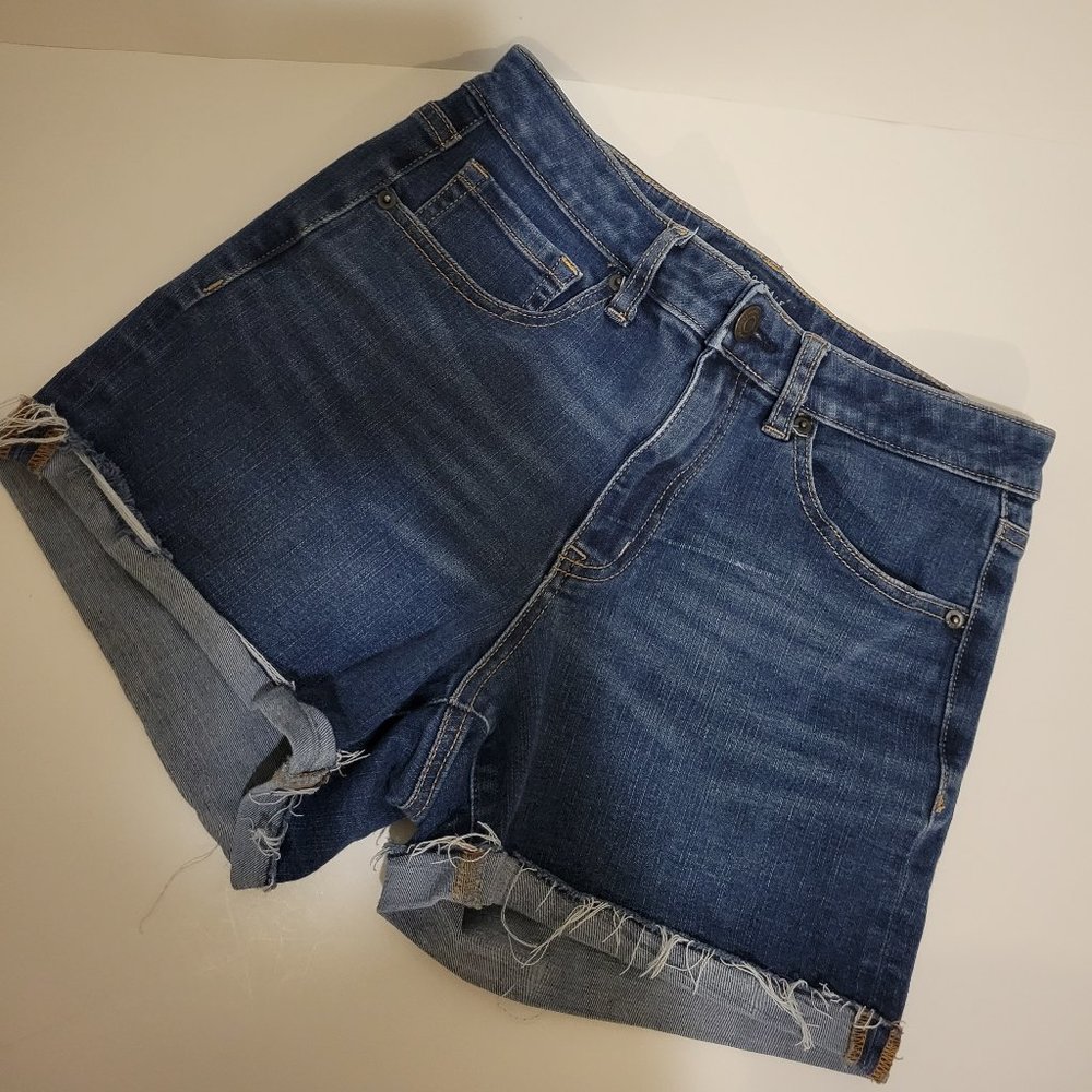 Aeropostle Denim Shorts Womens Size 6 Color Blue 5 Pockets Distressed Cuffed Leg